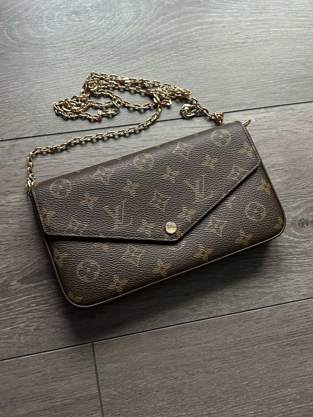 Monogram Canvas Envelope Crossbody in Brown with Gold Chain